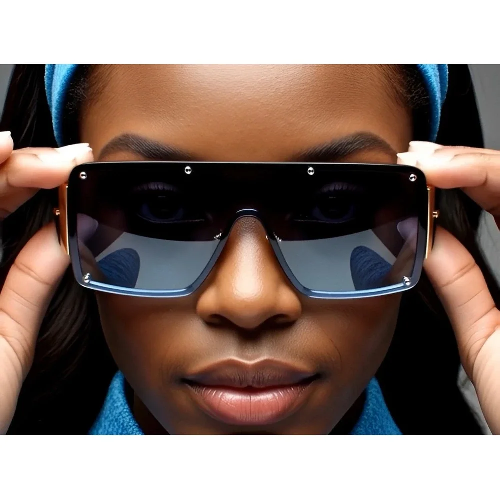RETRO SHIELD Style Party Rave‎ Club DJ SUN GLASSES Gold Frame Flat Blue Lens New